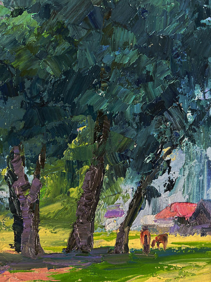 Oil painting of trees near village by Boris Serdyuk, impressionist style