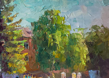 Impressionist oil painting of city park with fountain, lush green trees, teal sky by Boris Serdyuk