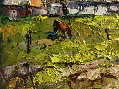 Textured impasto oil painting of brown horse grazing by Oksana Ivanyuk
