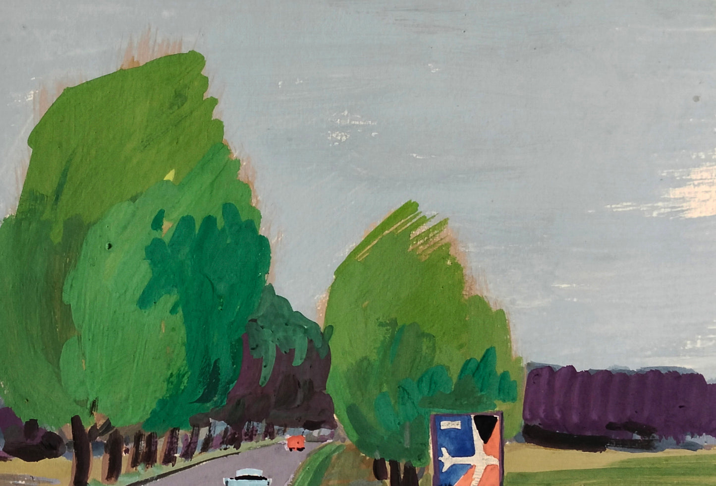 Gouache painting Road to Travel by Vitaly Duhnevich with green trees