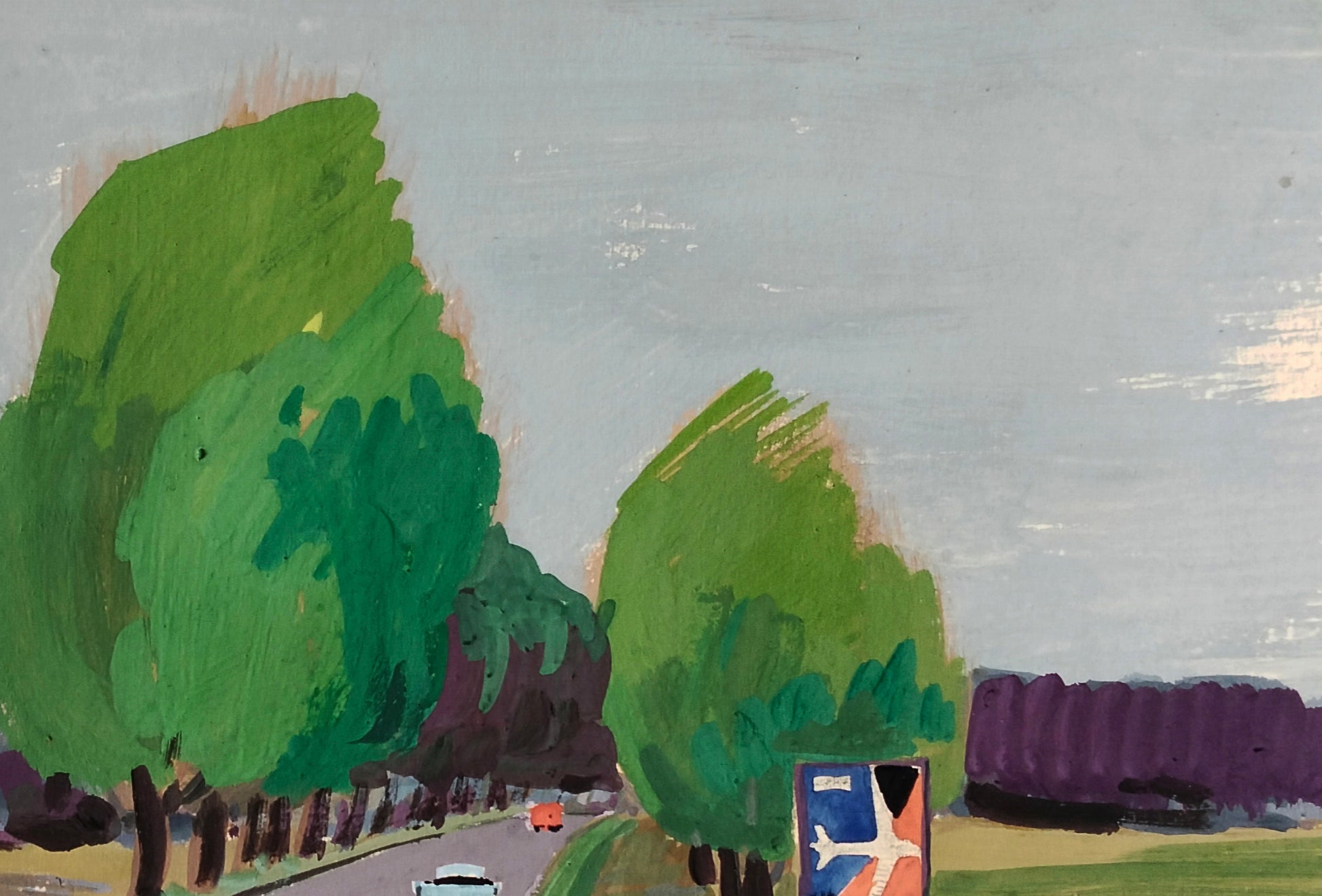 Gouache painting Road to Travel by Vitaly Duhnevich with green trees