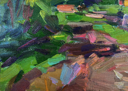Vibrant oil painting of mountains above village by Vyacheslav Pereta