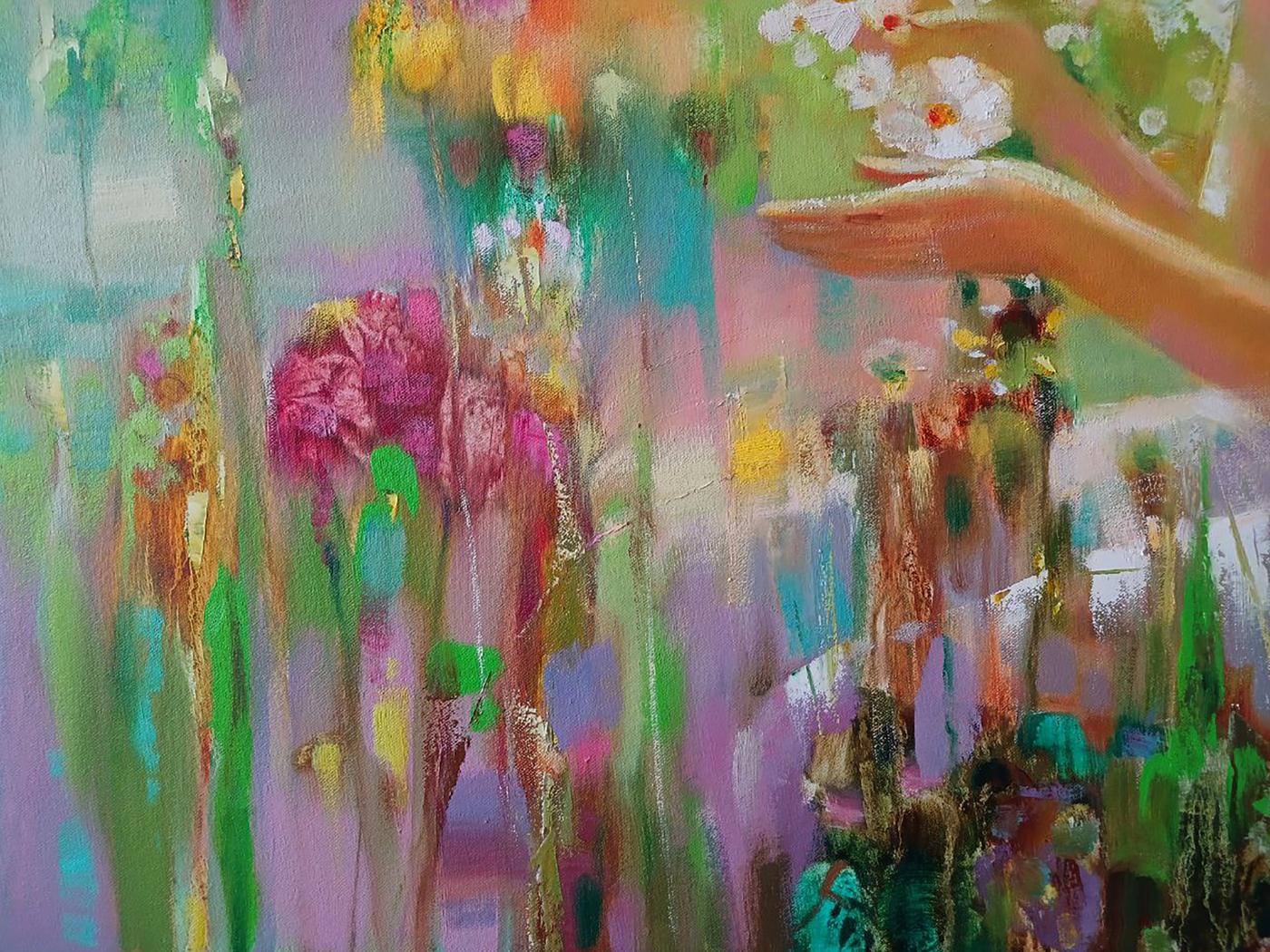 Abstract Spring Mirage oil painting by Anatoly Tarabanov with hand holding white flowers