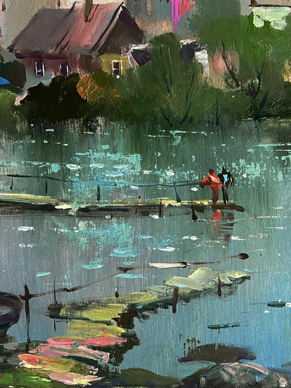 Oil painting River near the church by Yuriy Suprunchuk on wooden dock