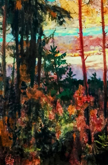 Oil painting of red clouds over vibrant autumn forest by Vitaly Duhnevich