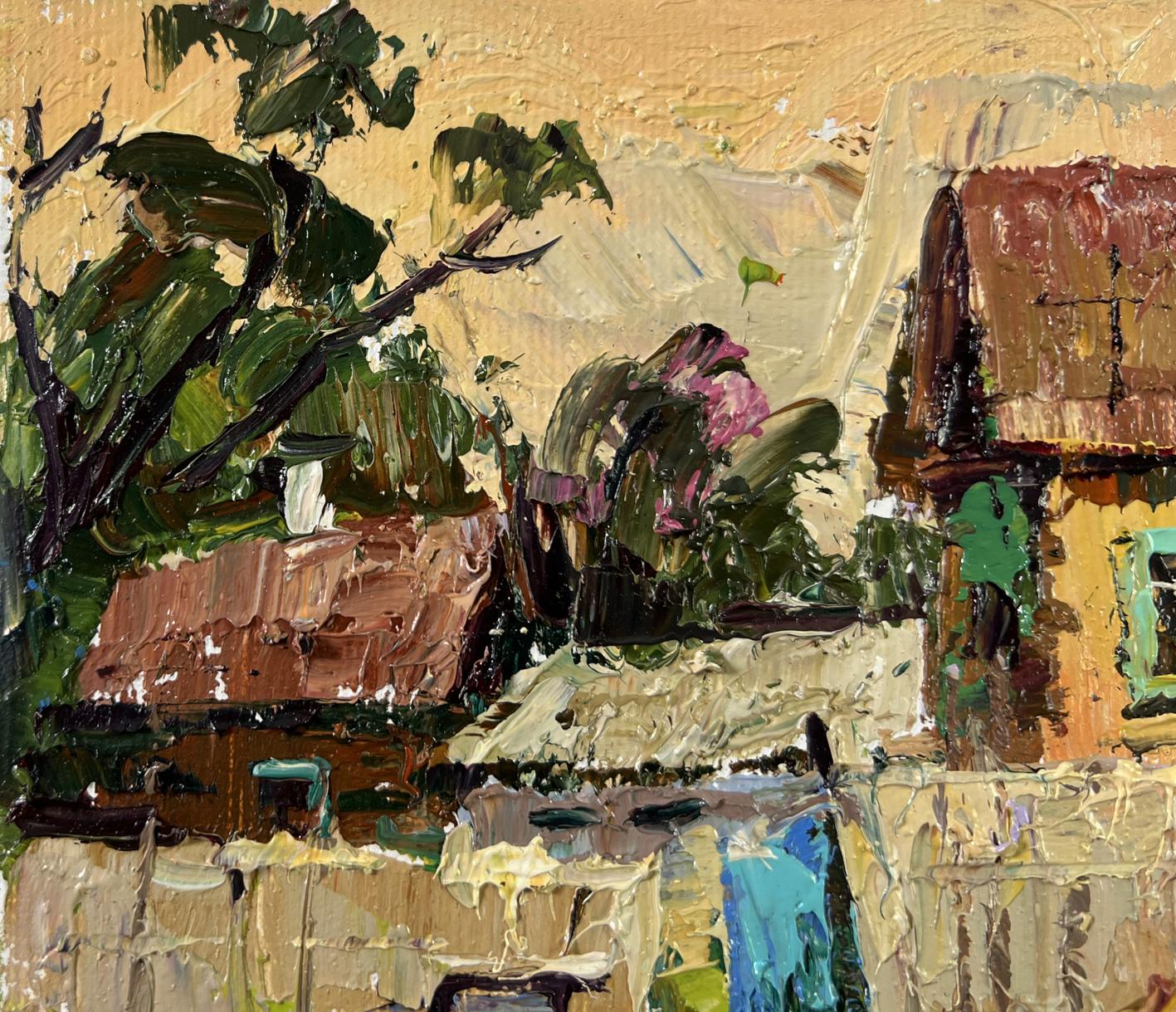 Impasto oil painting by Oleksiy Ivanyuk: rustic village at days end