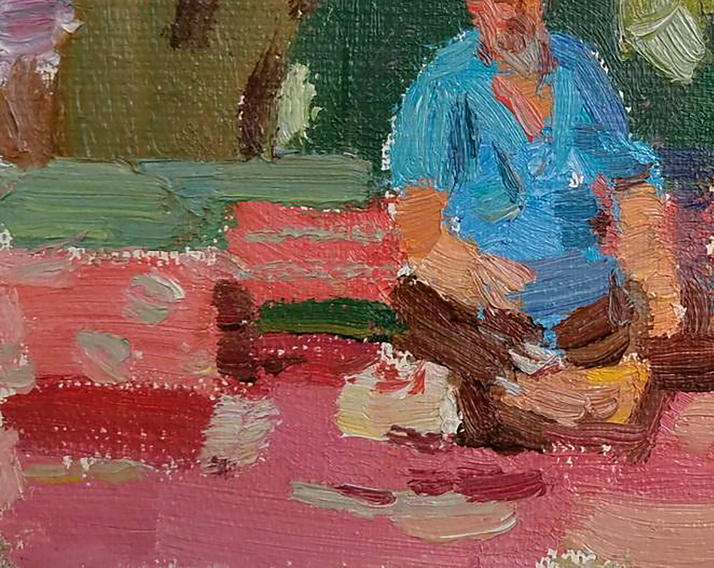 Impressionistic oil painting of person in blue shirt on red surface by Yury Konovalov