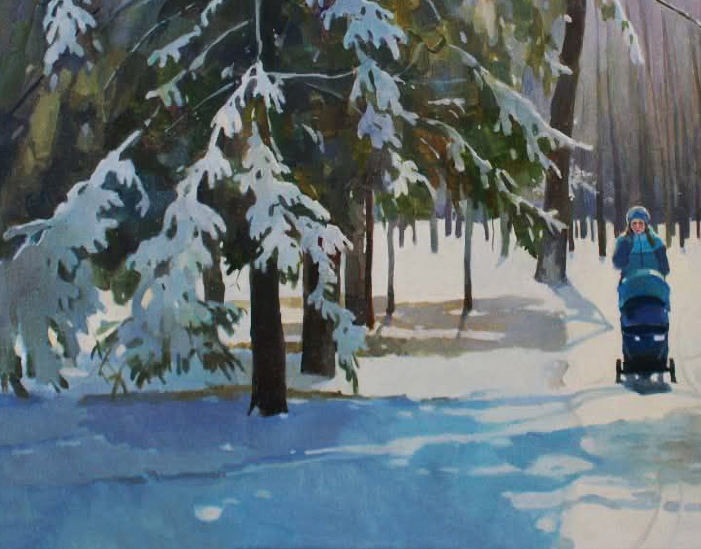 Oil painting by Anastasia Yaroshevich of snowy forest path with stroller