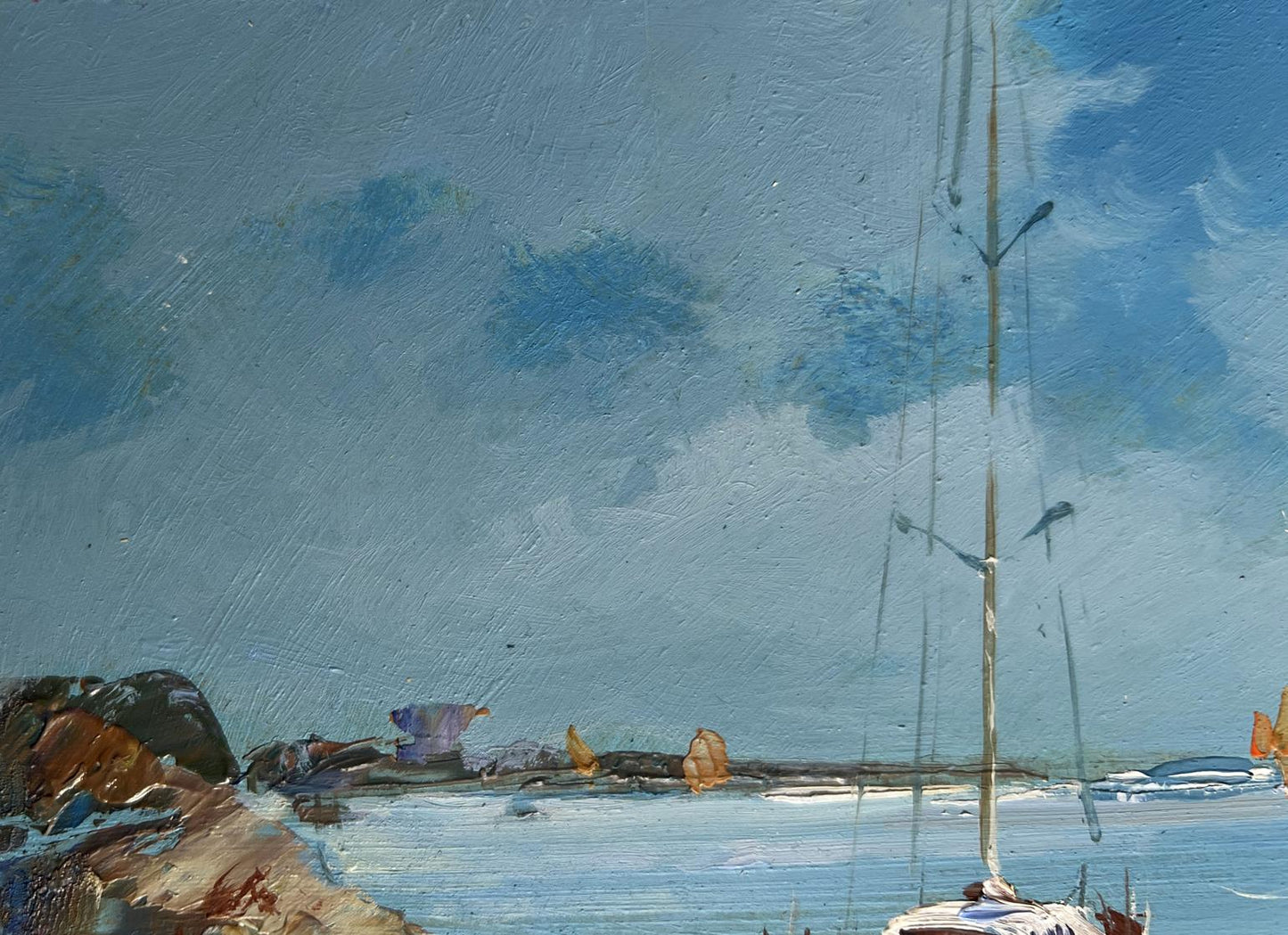 Oil painting of tall weathered sailboat mast by Yuriy Suprunchuk against blue sky