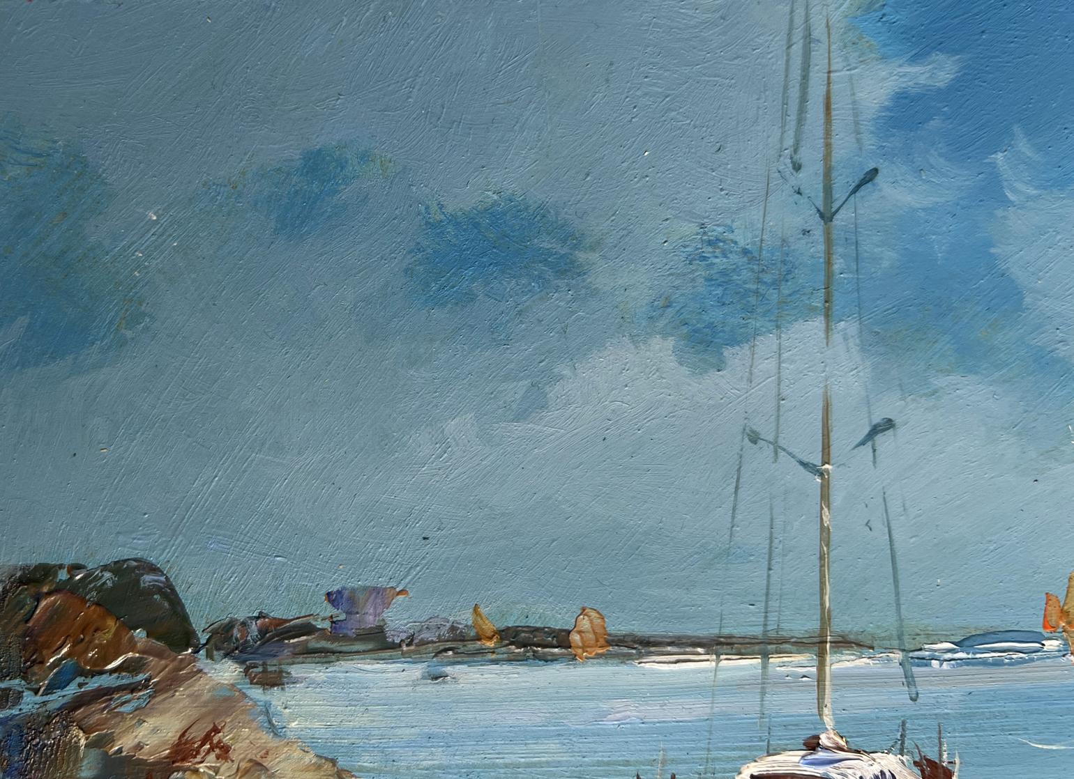 Oil painting of tall weathered sailboat mast by Yuriy Suprunchuk against blue sky