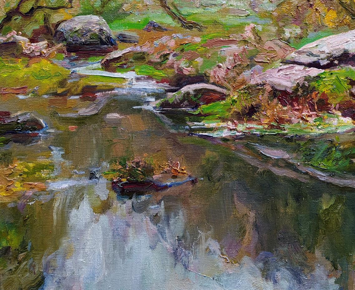 Oil painting On the River Bank by Leonid Pavlenko serene stream landscape