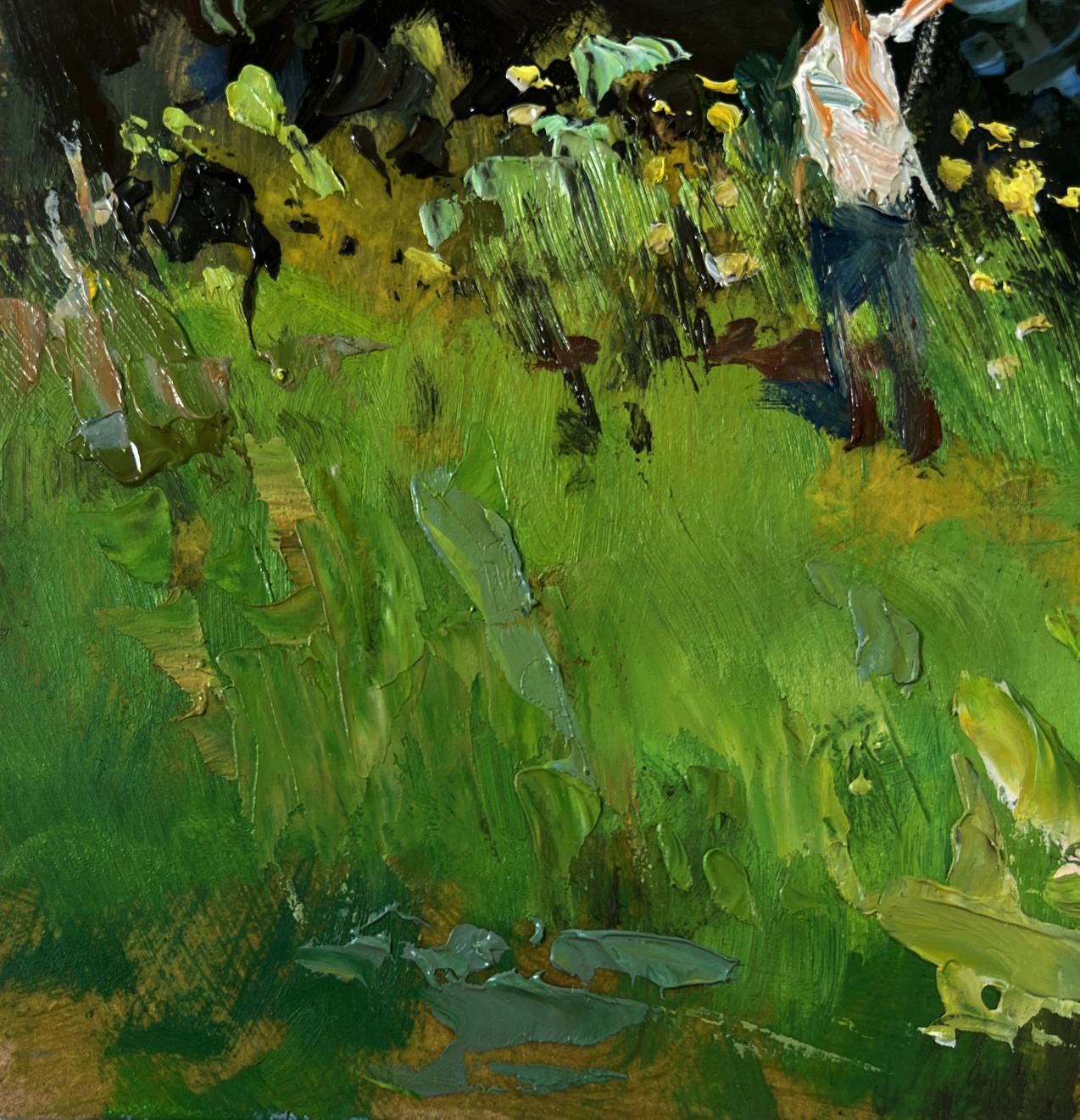 Vibrant green yellow abstract landscape oil painting The village beyond the forest by Yuriy Suprunchuk