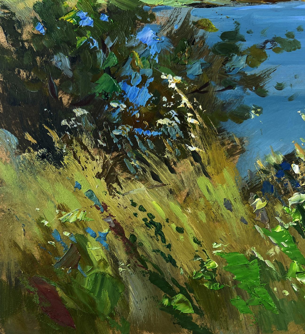 Vibrant impressionist oil painting of lonely boat on river bank by Yuriy Suprunchuk