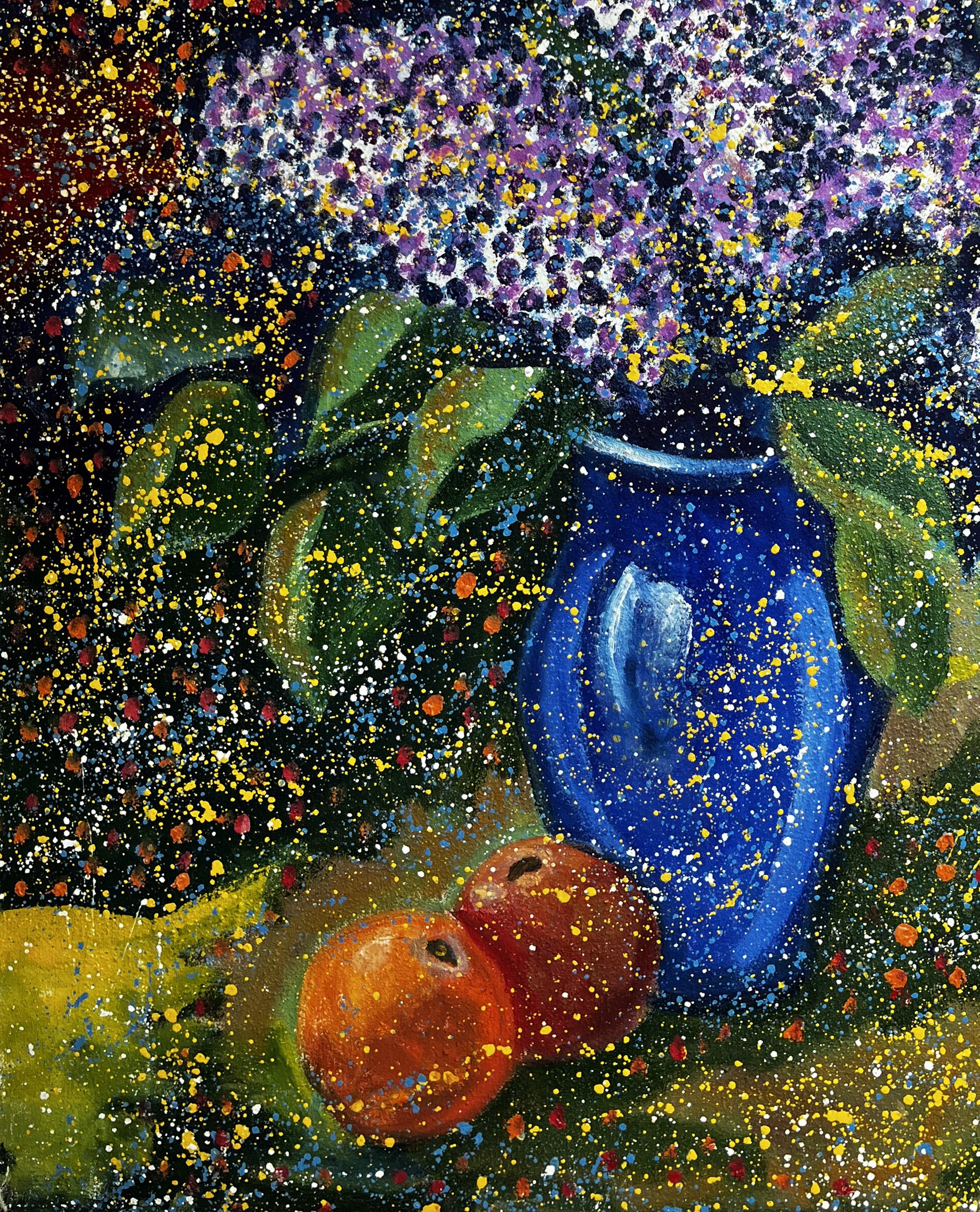 Oil painting Lilac Eric Danne: blue vase with purple hydrangeas