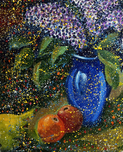Oil painting Lilac Eric Danne: blue vase with purple hydrangeas