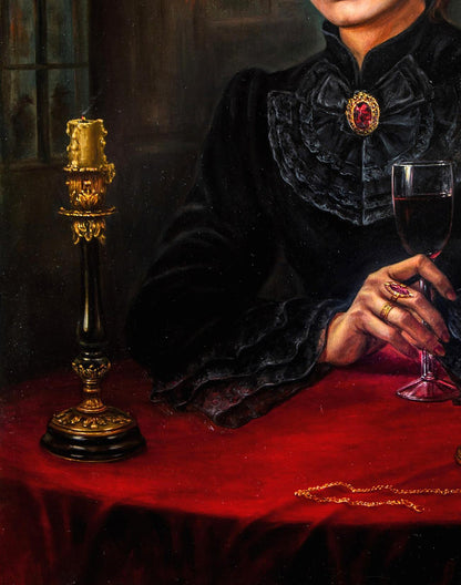 Elegant black velvet blouse with ruffled collar and gold brooch in Valeriy Bulat oil painting