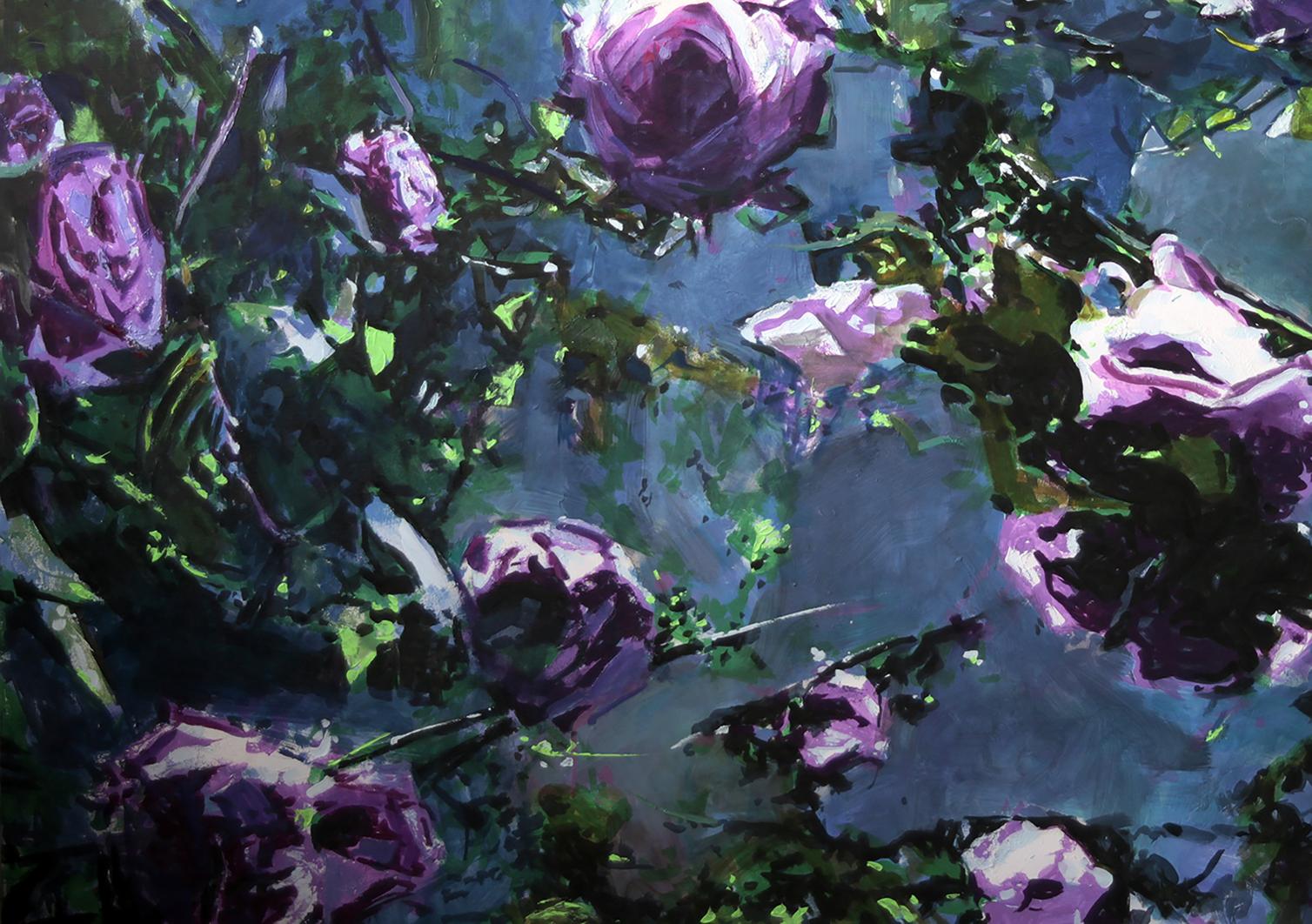 Vibrant purple roses with lush green foliage by Ed Potapenkov oil painting