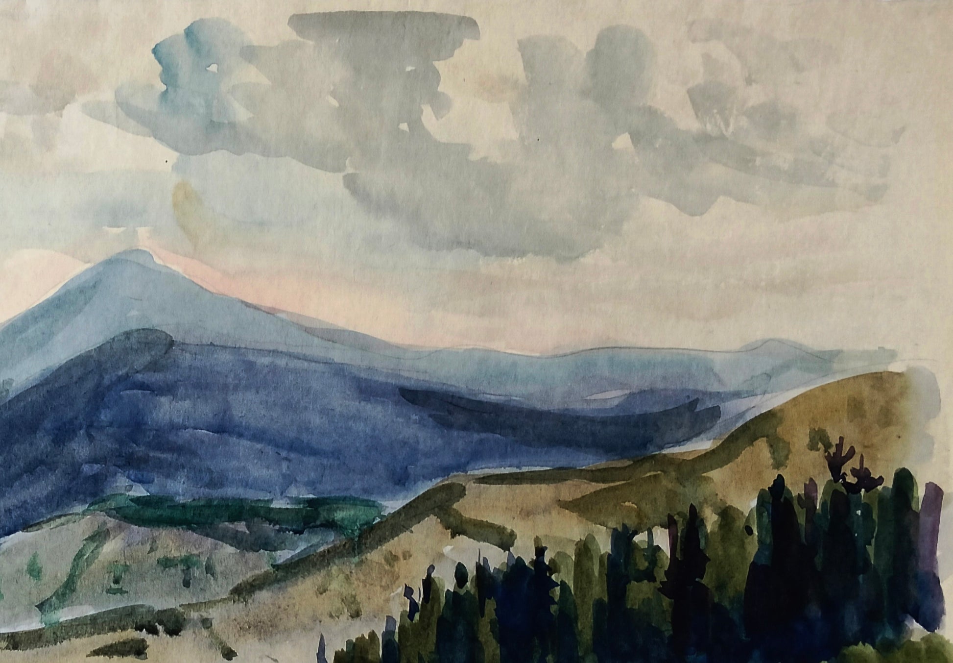 Watercolor painting of forests meeting mountains by Vitaly Duhnevich