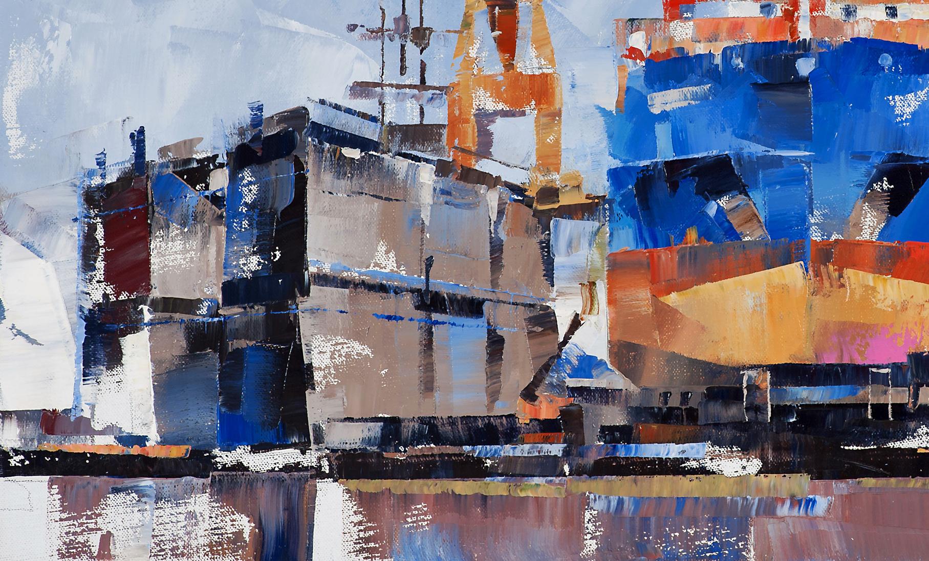 Abstract oil painting Cargo ship Eileen C by Volodymyr Gluhomanyuk