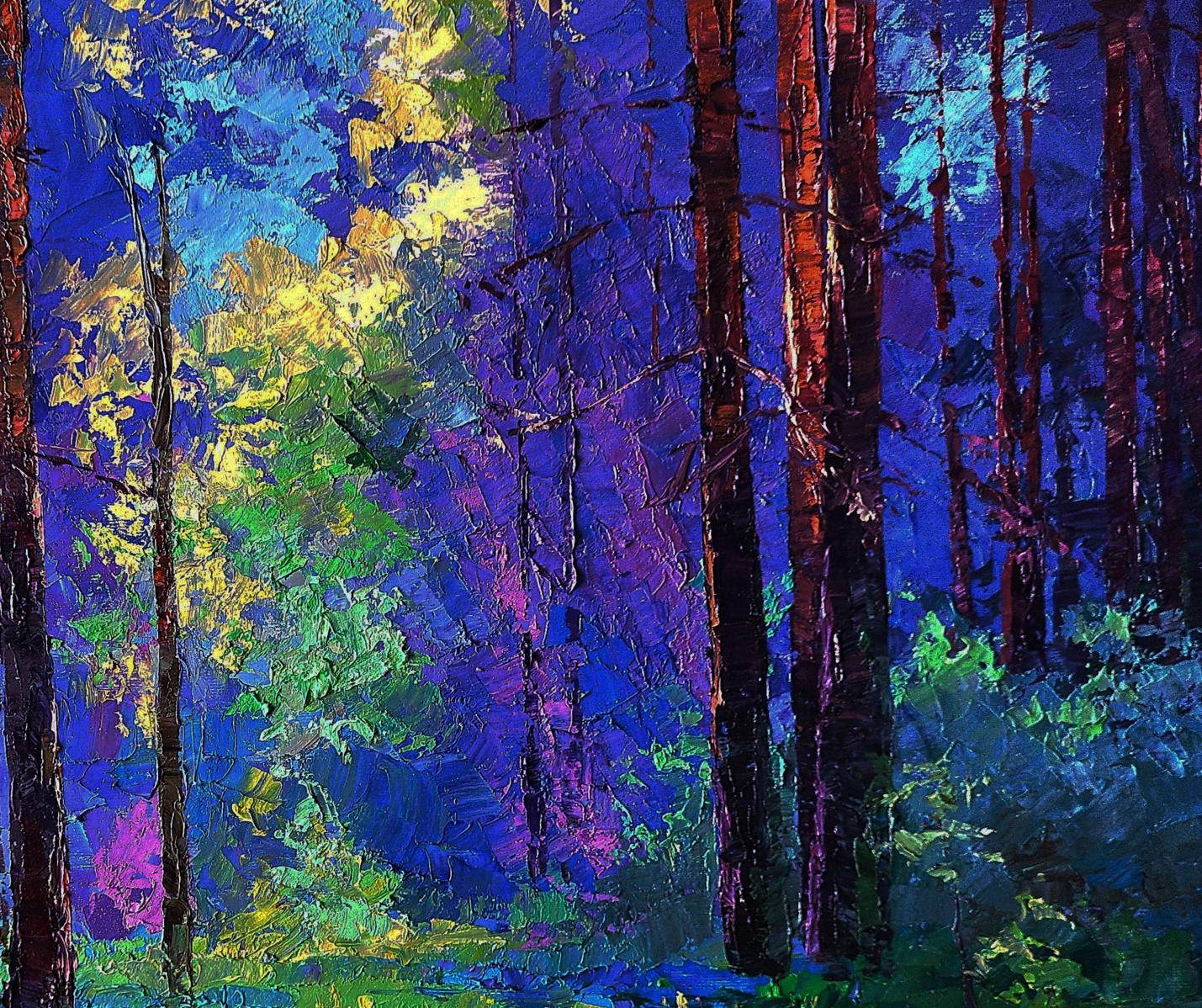 Vibrant impressionist forest oil painting by Boris Serdyuk with bold brushstrokes