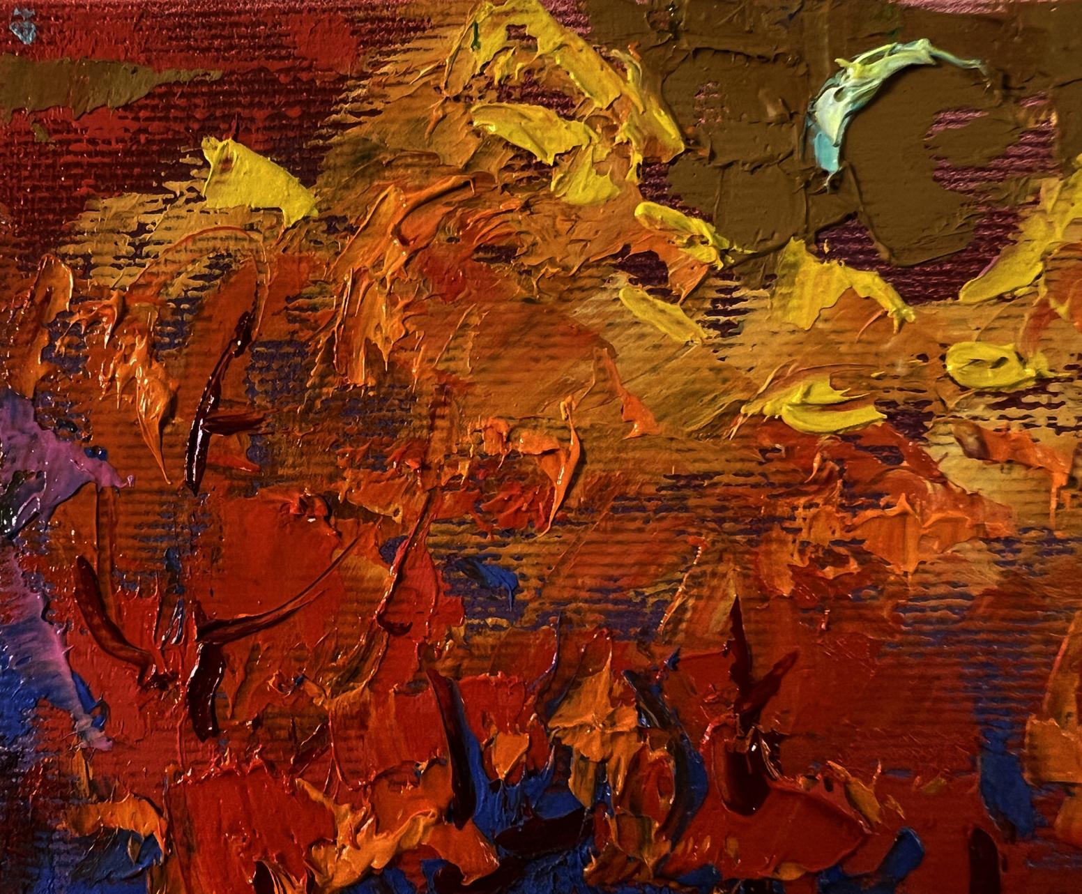 Oil painting Moonlit night by Oleksiy Ivanyuk in vibrant reds oranges yellows blues