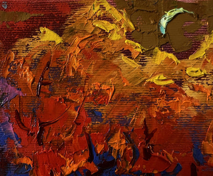 Oil painting Moonlit night by Oleksiy Ivanyuk in vibrant reds oranges yellows blues