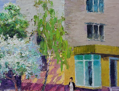 Oil painting Spring walk around the city by Boris Serdyuk with person and trees