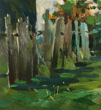 Impressionistic swamp painting with lily pads by Yuriy Suprunchuk