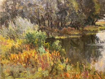 Impressionistic oil painting by Nikolay Rabotyagov: autumn wooded riverbank
