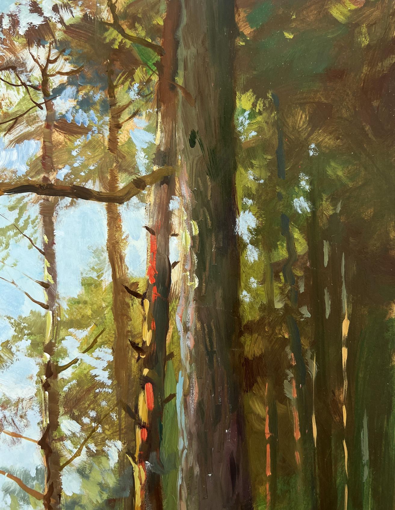 Oil painting by Yuriy Suprunchuk of snowy forest with tall pine trees