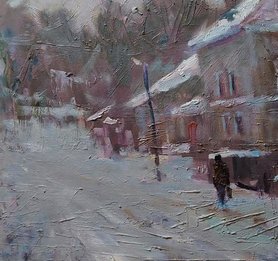 Textured impressionistic oil painting by Opishnia Volodymyr Pashchenko of snowy village street with red door
