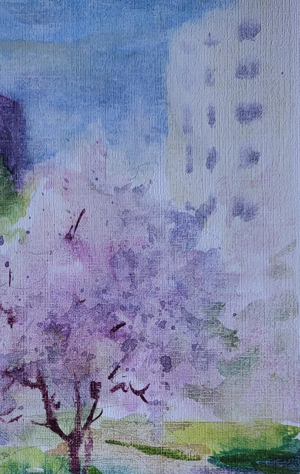 Watercolor painting Gentle April by Boris Serdyuk: blossoming tree with purple pink flowers