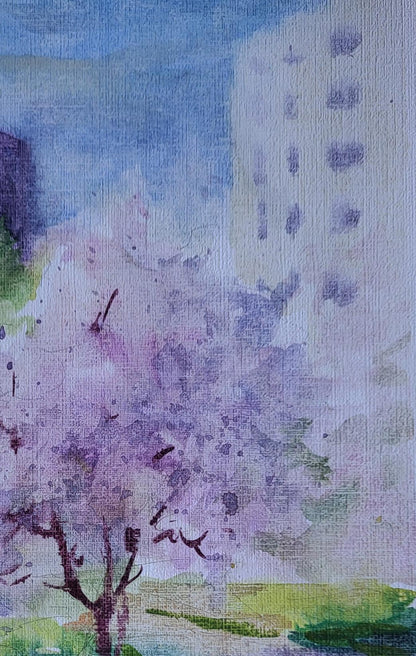 Watercolor painting Gentle April by Boris Serdyuk: blossoming tree with purple pink flowers