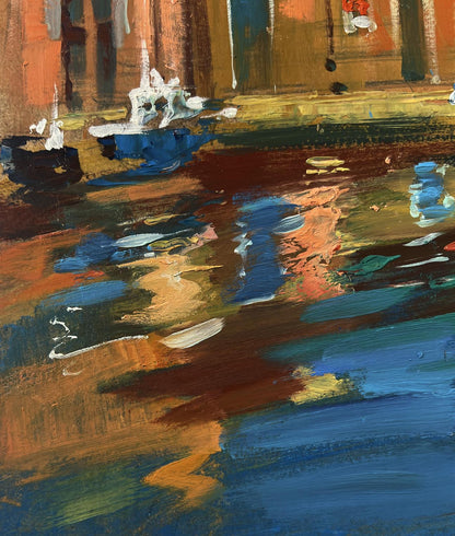 Oil painting of Old Venice street by Yuriy Suprunchuk with abstract blue orange white reflections