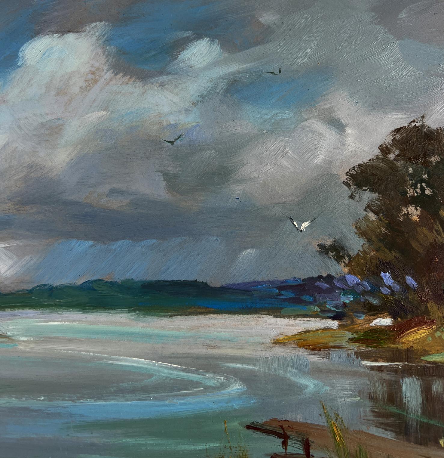 Textured oil painting of moody coastal river journey by Yuriy Suprunchuk