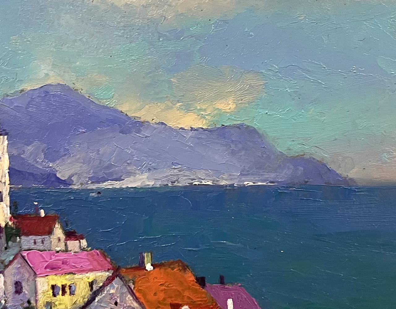 Vibrant oil painting of Serhiy Rybak resort town by the sea with colorful rooftops
