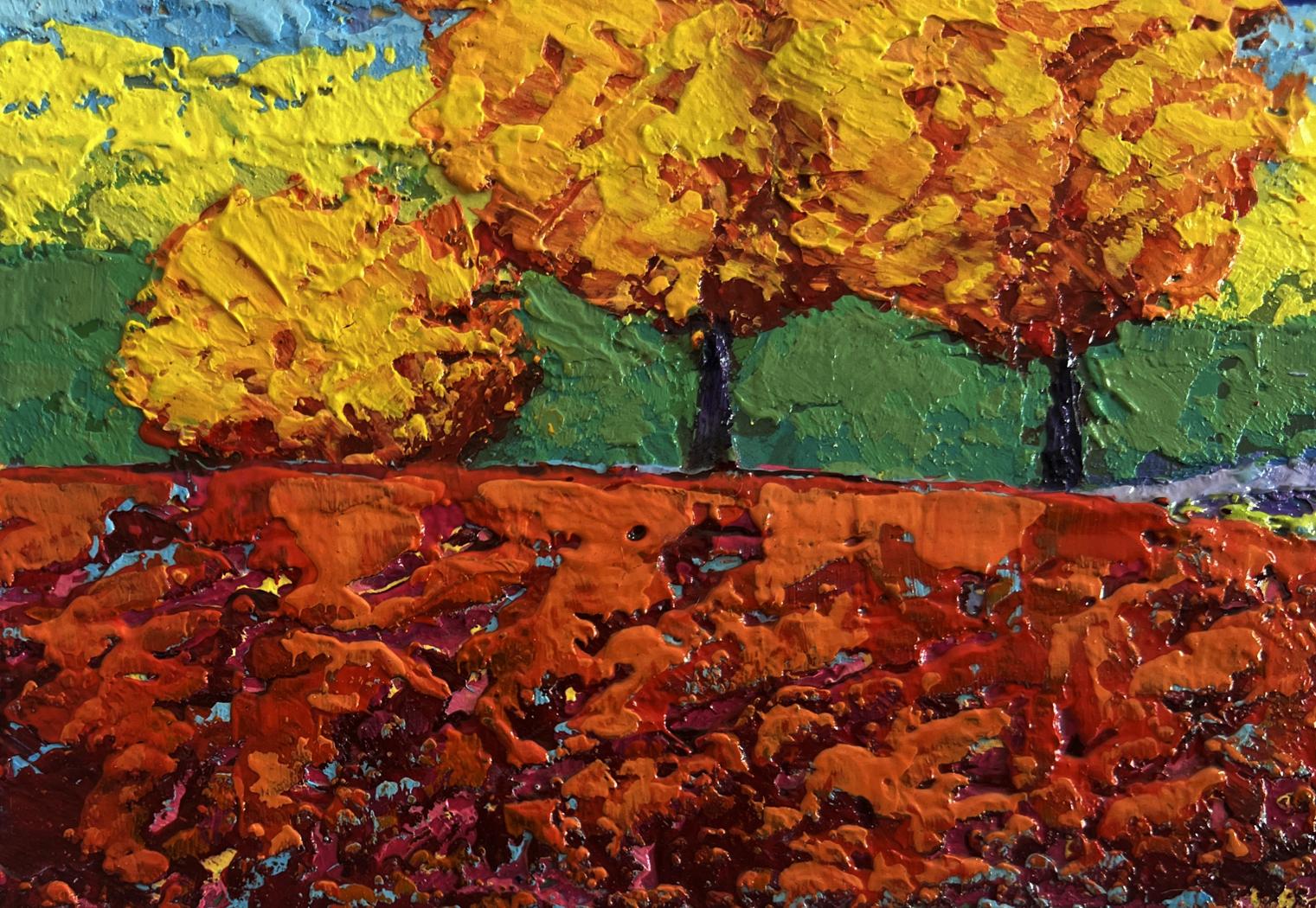 Vibrant impressionist oil painting by V. Zadorozhnya of autumn meadows with golden trees