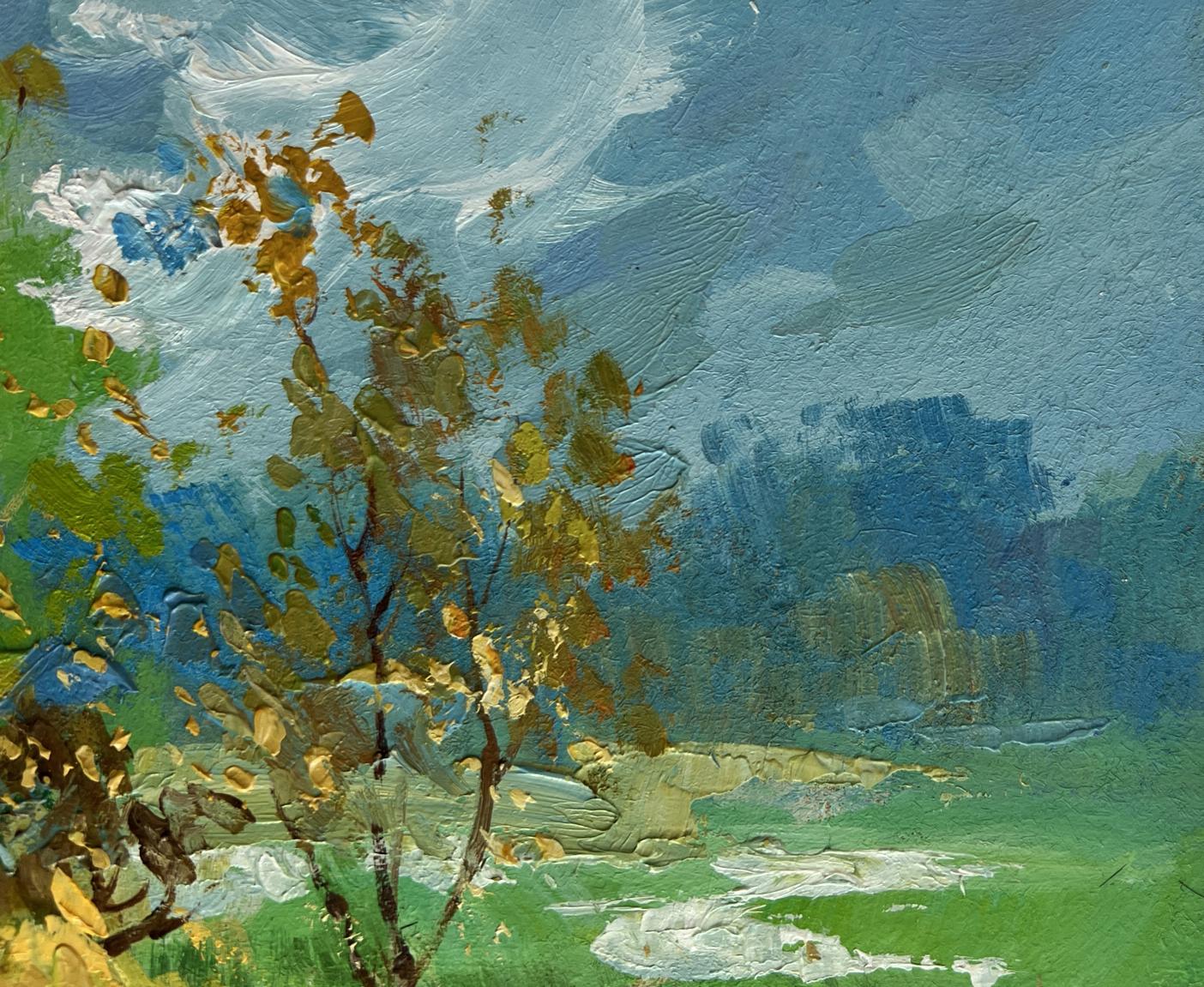 Oil painting Walking among flower fields by Yuriy Suprunchuk with golden tree