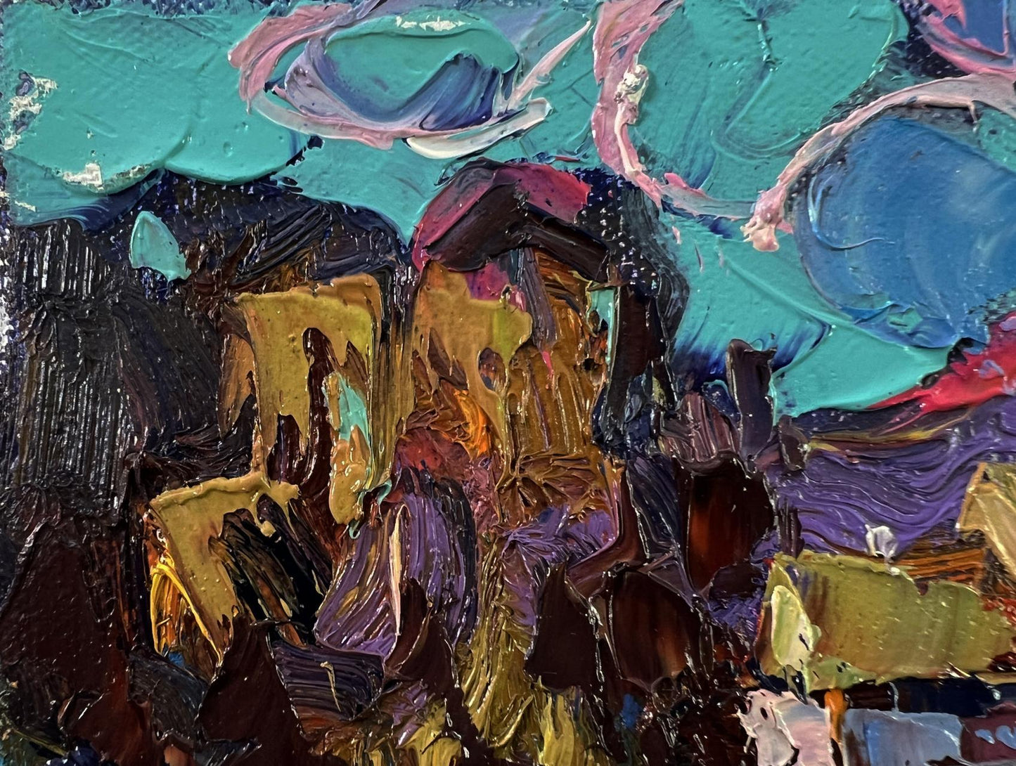 Vibrant oil painting Day outside the village by Oksana Ivanyuk in teal and gold