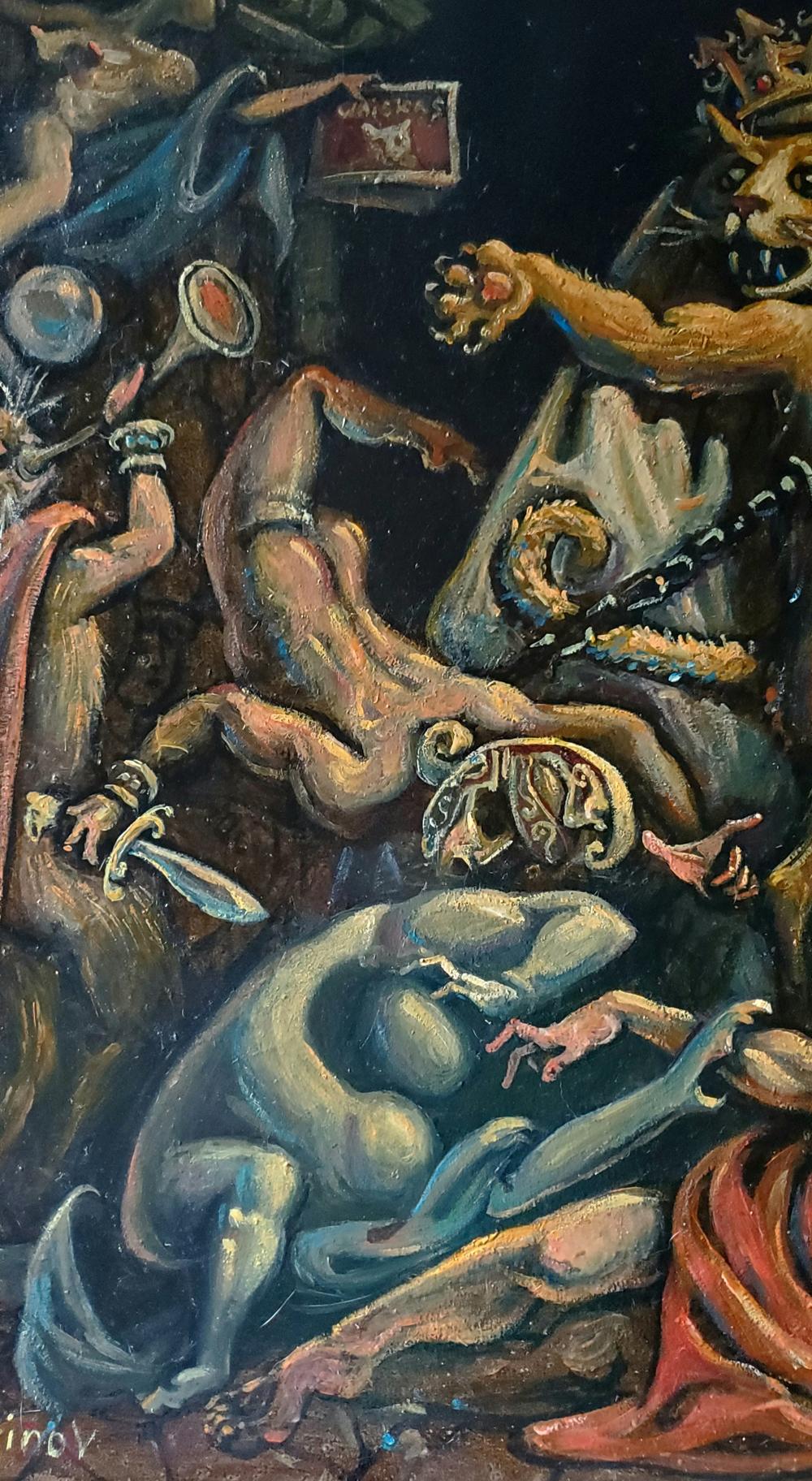 Oil painting Eclipse by Daniil Litvinov: chaotic surreal muscular figures with chains