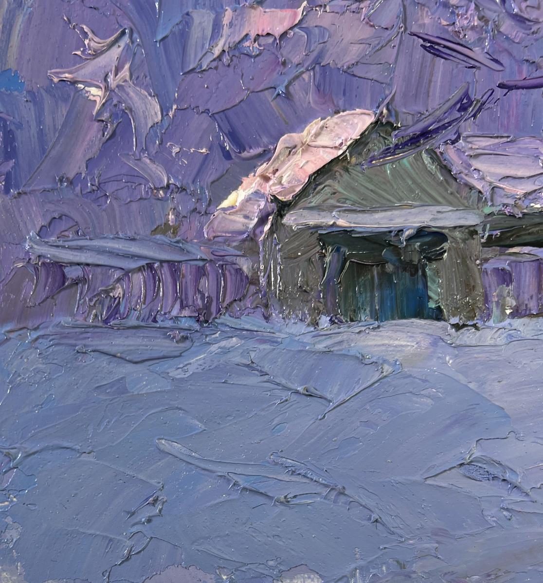 Oil painting Dear Wintertime by Boris Serdyuk: rustic cabin in purple snow