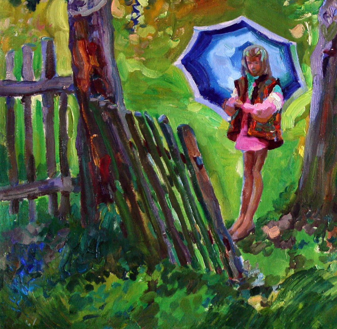 Oil painting Summer rain by Leonid Pavlenko: child with blue umbrella