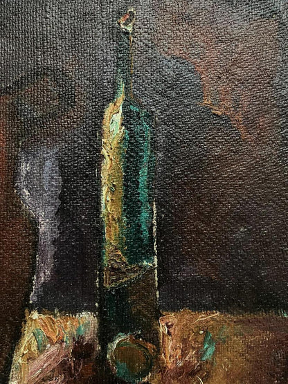 Oil painting Still life with a pipe by Oleksandr Andreev, textured wine bottle