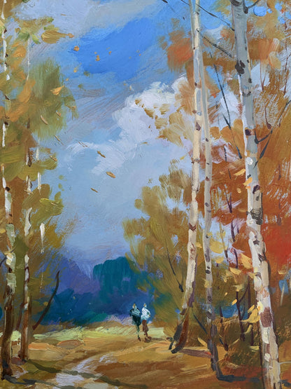 Oil painting by Yuriy Suprunchuk: Jogging through vibrant autumn birch forest