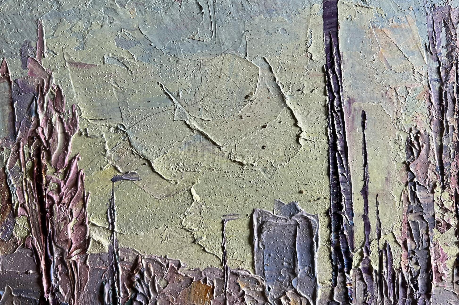 Oil painting After the night snowstorm by Boris Serdyuk, textured impasto greens and grays