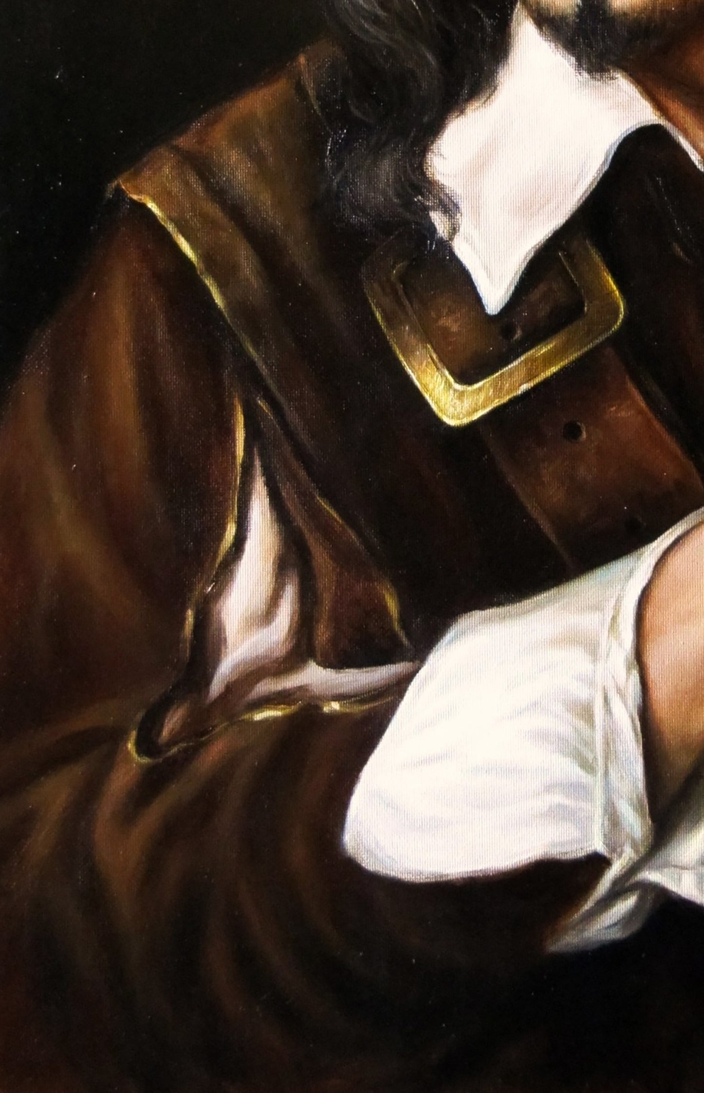 Oil painting self-portrait by Valeriy Bulat with brown leather belt and gold buckle