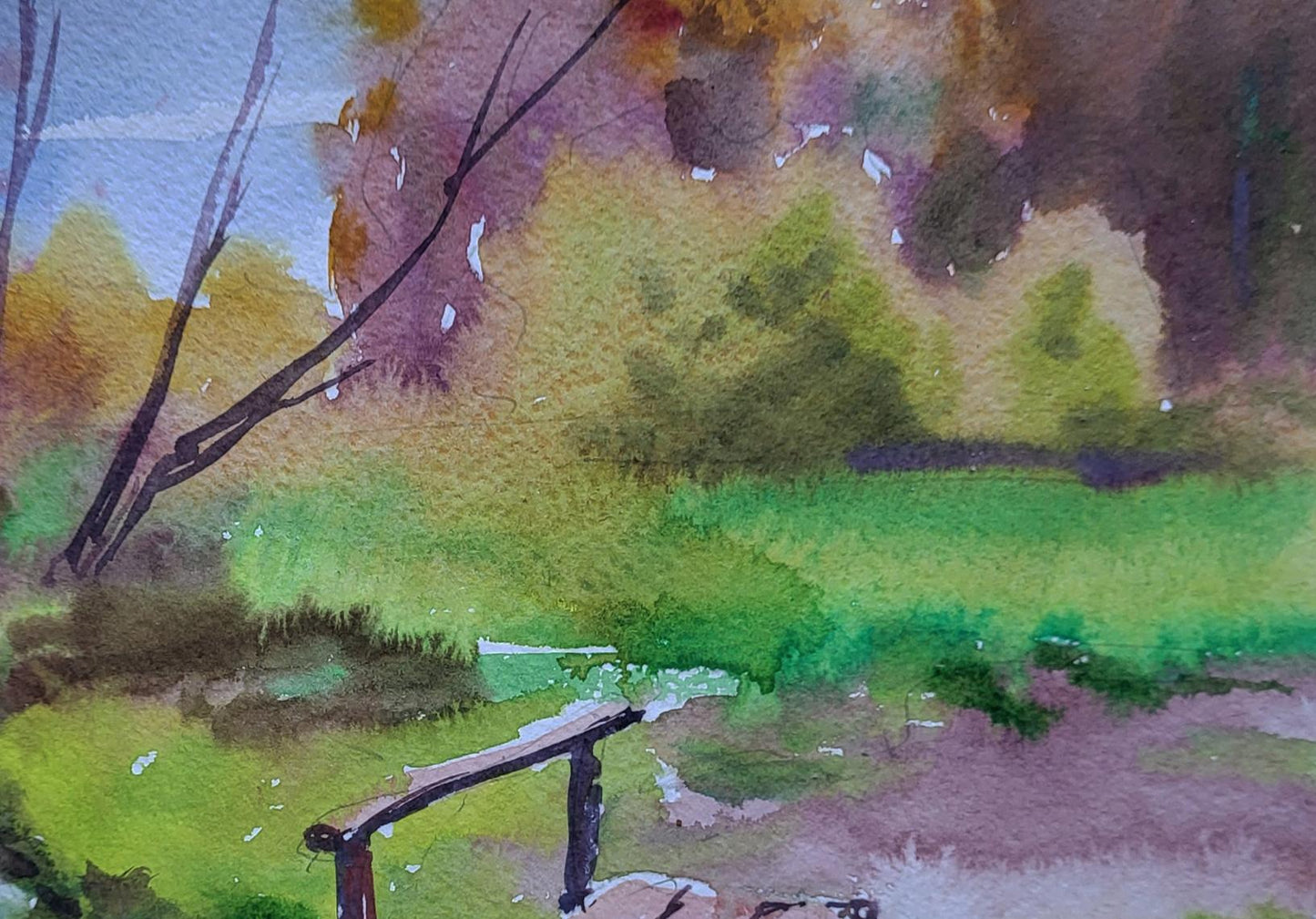 Watercolor painting of rustic bench by Boris Serdyuk amid autumn trees