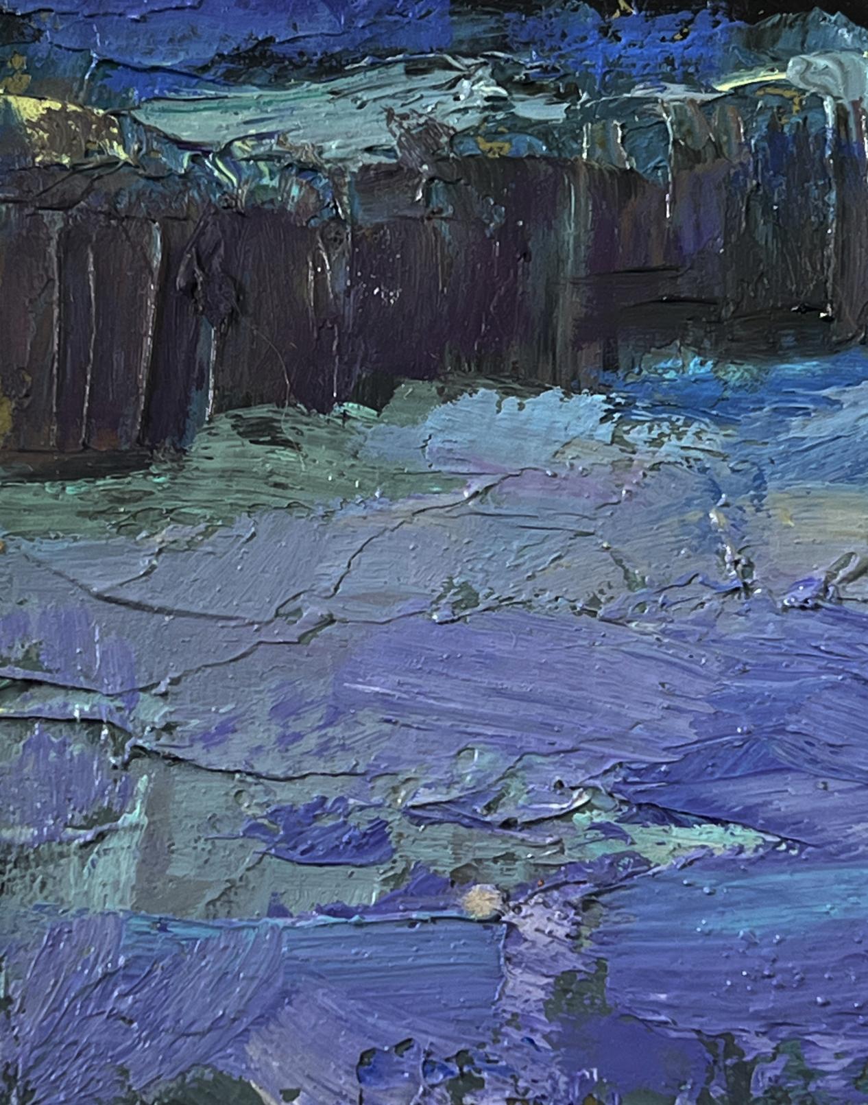 Oil painting Winter night in the village by Boris Serdyuk, textured impasto blues