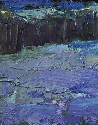 Oil painting Winter night in the village by Boris Serdyuk, textured impasto blues
