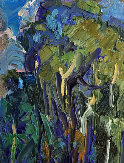 Oil painting of house near forest by Oleksiy Ivanyuk in purple, green, teal